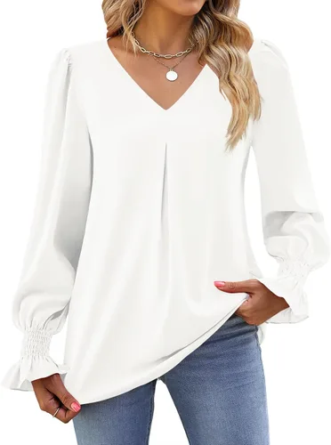 Vista 3 de Funlingo Blusas de mujer con mangas largas 2025, elegantes y casuales, con cuello en V, túnica suelta de gasa para el trabajo