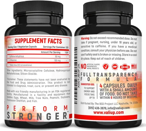 Vista 8 de VALI Cafeína 50mg y L Theanine 100mg - Píldoras de cafeína y L-Teanina para energía inteligente y enfocada y suplemento de concentración. Nootrópico