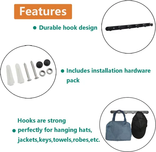 Vista 7 de Perchero de pared de acero inoxidable, resistente para colgar en la entrada, estante multiusos con 6 ganchos para dormitorio, baño, pasillo, garaje