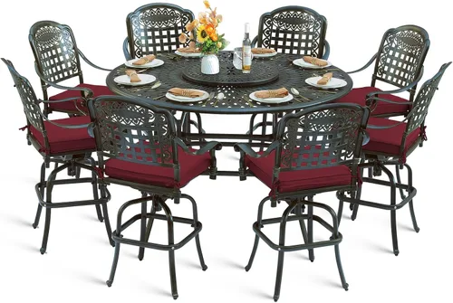 Vista 22 de Juego de barra para exteriores de 10 piezas, muebles de bar de aluminio fundido para todo tipo de clima con 8 taburetes de bar giratorios Bronce