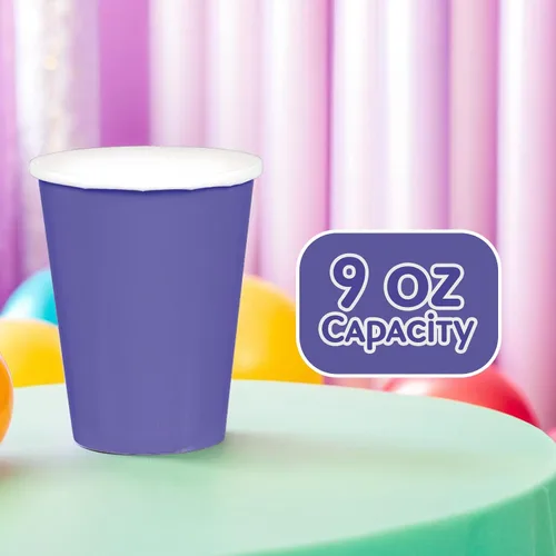 Vista 4 de Vibrantes vasos de papel morados (paquete de 20) – 9 onzas – Perfecto para fiestas, reuniones, picnics y uso doméstico