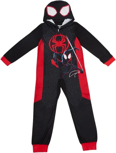 Vista 2 de Marvel Pijama de Spiderman para niños, disfraz de Spiderman con capucha de Miles Morales o para dormir con cremallera frontal, tallas 4-10
