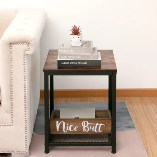 Vista 4 de Mesa auxiliar industrial de 2 niveles con estante de almacenamiento, resistente, fácil montaje, muebles decorativos con aspecto de madera con marco