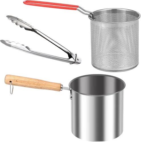 Vista 6 de Olla de freidora estadounidense con cesta coladora, olla profunda de acero inoxidable con tapa de asa, mini freidora de aceite portátil, contenedor