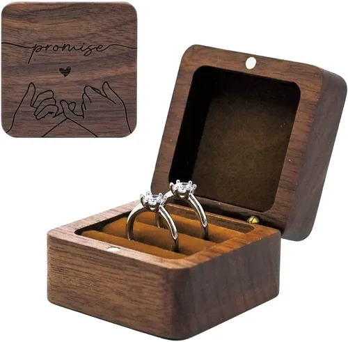 Vista 7 de Caja de madera para anillos grabada, caja de almacenamiento de joyas cuadrada rústica, caja de anillo vintage para ceremonia de boda, compromiso