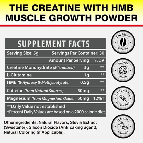Vista 2 de Creatina HMB, creatina en polvo para hombres y mujeres, monohidrato de creatina micronizada para crecimiento muscular y recuperación y mayor fuerza
