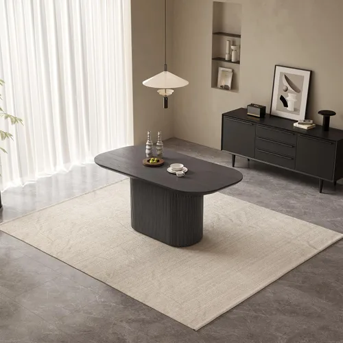 Vista 7 de Mesa de comedor ovalada de 63 pulgadas para 2-6 personas, mesa de cocina negra moderna, mesa de comedor rectangular de lujo, mesa de comedor
