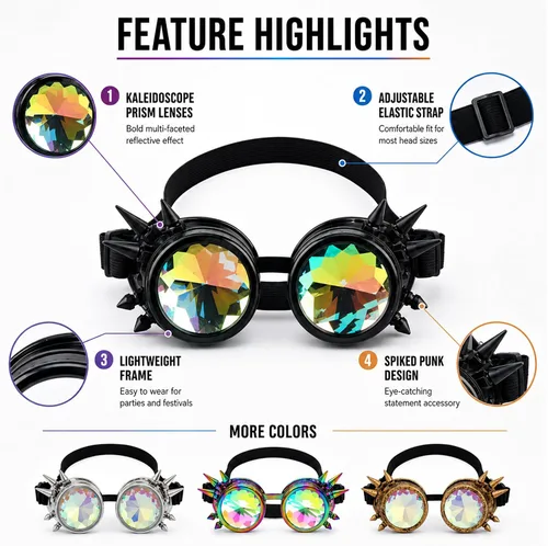 Vista 3 de Anteojos para fiesta con lentes de cristal diseño de caleidoscopio/arco iris. Entrega en 3-5 días. Crystal Lenses, Ideal for Cosplay,Rave,Costume