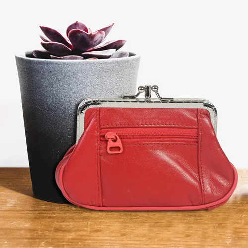 Vista 2 de Monedero de cuero con doble cierre de cremallera para mujer 5 14 pulgadas x 3 14 pulgadas Rojo billetera estilizada