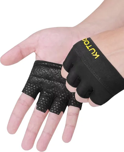 Vista 2 de KUTOOK Guantes de entrenamiento para levantamiento de pesas para hombres/mujeres, guantes de gimnasio con relleno XRD de 0.118 in, guantes parciales