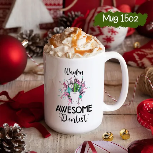 Vista 6 de Taza de cerámica personalizada para dentista impresionante – Taza de café para dentista para hijo, hija – Nombre personalizado Higienista Dental