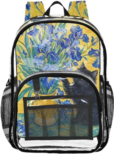 Vista 4 de Mochila transparente con diseño de gato negro y helado para la Lirios de gato azul