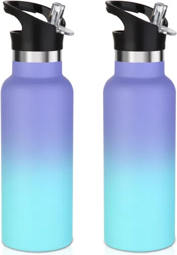 Vista 25 de Volhoply Botella de agua aislada para niños de 17 onzas, botellas de agua de acero inoxidable con tapa con pajilla, botella de agua de metal al