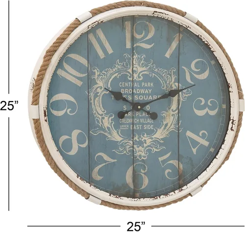 Vista 3 de Deco 79 Reloj de pared de metal con acento de cuerda, 25" x 2" x 25", azul
