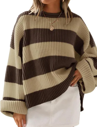 Vista 90 de ZESICA Suéter tejido sin botones de manga larga y cuello redondo, a rayas, bloques de color, cómodo, holgado, talla extragrande para mujer de 2024