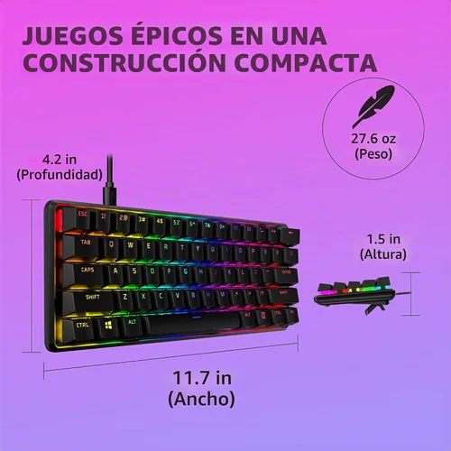 Vista 10 de HyperX Alloy Origins 60 - Teclado mecánico para juegos, factor de forma ultra compacto del 60 %, teclas PBT de doble disparo, retroiluminación LED
