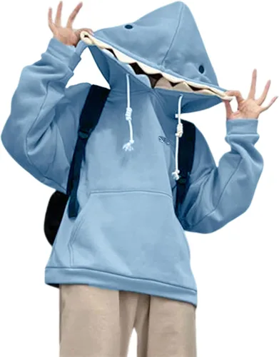 Vista 2 de Giraropa Sudadera con capucha de tiburón para mujer, de manga larga, con cordón y un bolsillo, con forma de animal kawaii