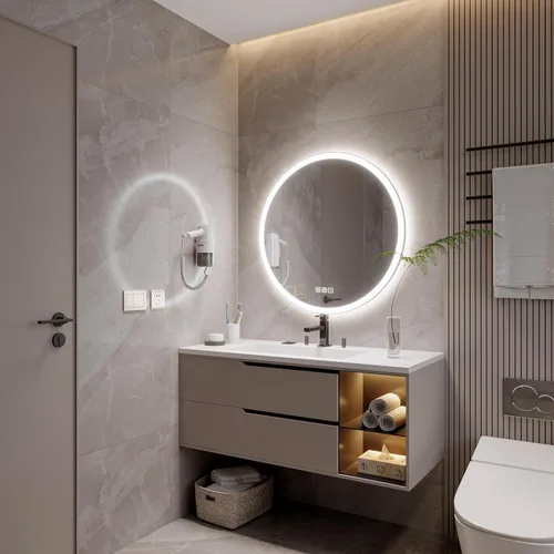 Vista 2 de Espejo LED redondo de 20 pulgadas, espejo samrt para baño, espejo de pared con luz, antiempañamiento, 3 colores regulables, frontal