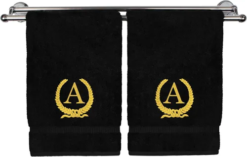 Vista 170 de Toalla de mano con monograma, regalo personalizado, 16 x 30 pulgadas, letra blanca bordada con diseño de corona en toalla negra, extra absorbente