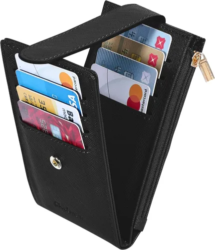 Vista 5 de Chelmon Billetera delgada para mujer, con bloqueo RFID, plegable, con bolsillo con cremallera, Negro -, Minimalista