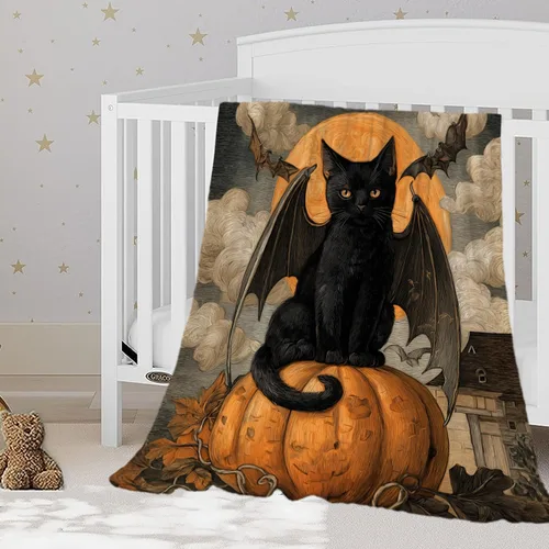 Vista 21 de YeeJu Manta de Halloween pequeña de fantasma espeluznante negro, manta de Halloween para bebé, manta acogedora suave y ligera de felpa de forro