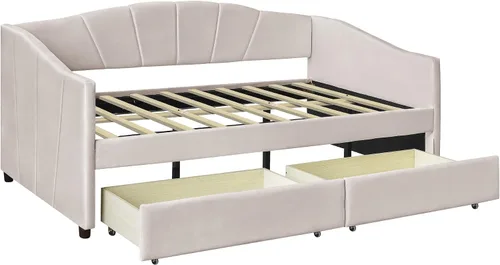 Vista 7 de Sofá cama individual con 2 cajones tapizado moderno, plataforma para sofá cama, marco de listones de soporte para dormitorio, sala de estar,
