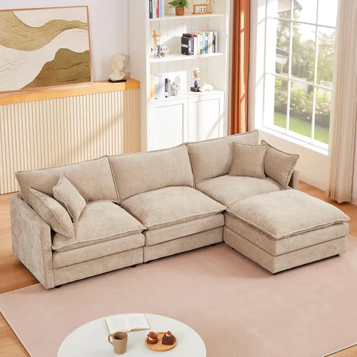 Vista 11 de Sofá modular beige en forma de L, moderno sofá convertible en forma de L de 3 plazas de chenilla suave, cómodo tapizado con juego otomano extraíble