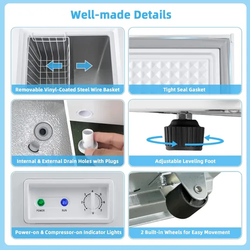 Vista 4 de PETSITE Congelador de pecho de 5 pies cúbicos, congelador profundo compacto con temperatura ajustable de 7 grados, cesta de almacenamiento extraíble