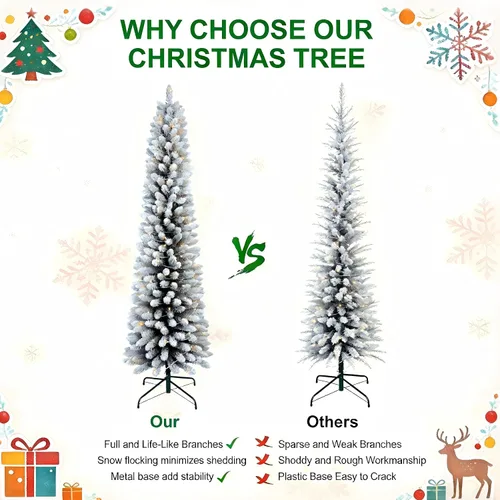 Vista 5 de Árbol de Navidad artificial de 5 pies con lápiz, para el hogar, oficina, decoración de vacaciones, árbol flocado blanco para espacios pequeños
