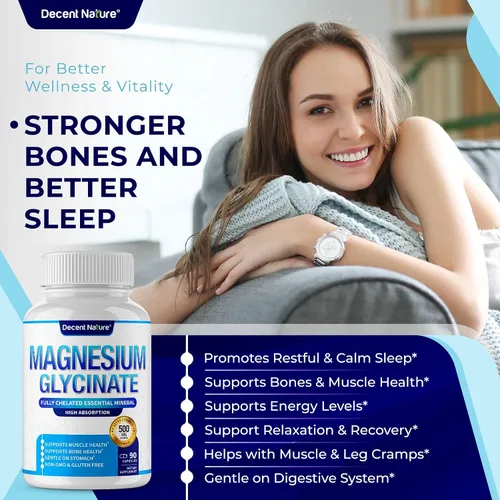 Vista 5 de Suplemento de magnesio glicinato de magnesio de 500 mg – Quelado para una alta absorción y biodisponibilidad, apoyo al sueño, músculos, huesos