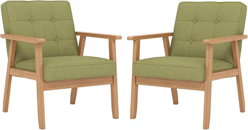 Vista 17 de Silla decorativa moderna con reposabrazos, silla de ocio tapizada de tela de lino con botón de respaldo y marco de madera para sala de estar, Beige
