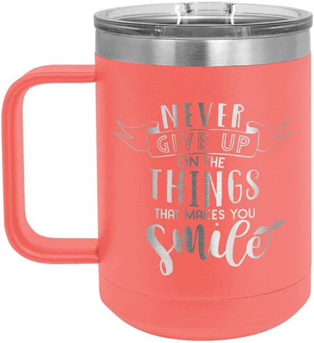 Vista 15 de Nunca renuncies a las cosas que hacen sonreír, taza de café negra de 15 oz con tapa superior deslizante, taza de café de viaje aislada, regalo