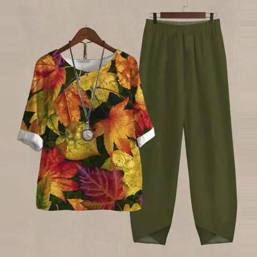 Vista 2 de Hugncmy Ladies Five Sleeve Printed Blouse Pants Two Piece Suit Insulated Bib