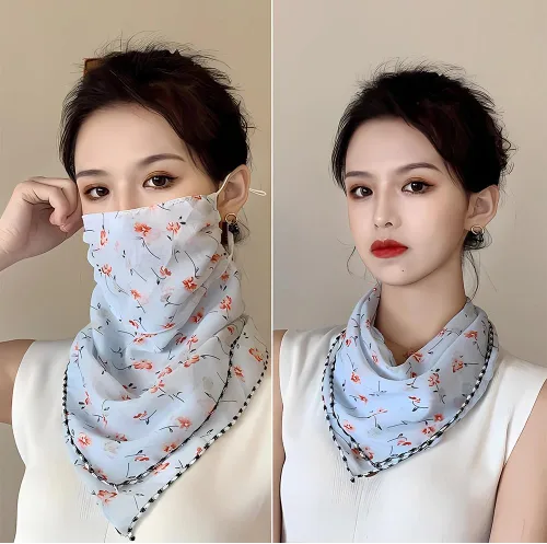 Vista 2 de OULIGET Bufanda floral de protección solar para mujer, máscara de gasa con protección ajustable, bandana protectora de cuello de seda helada