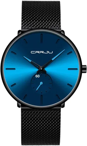 Vista 11 de CRRJU Reloj de cuarzo analógico delgado para hombre, reloj de pulsera con esfera negra con correa de malla