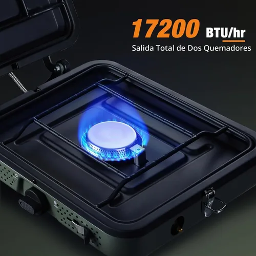 Vista 5 de Estufa de camping de propano de 2 quemadores, estufa de gas plegable portátil para acampar con 17200 BTU, dos quemadores ajustables con mango
