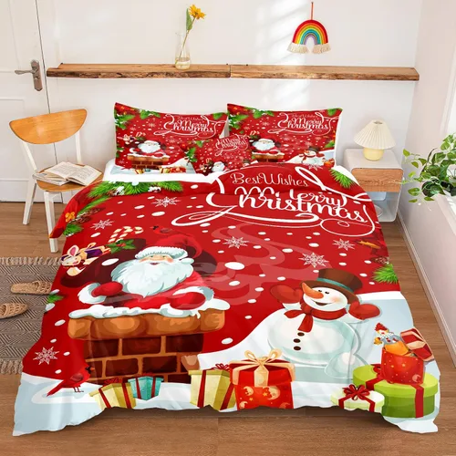 Vista 38 de Juego de ropa de cama de Navidad con funda de edredón de copos de nieve, color blanco y rojo, con estampado navideño, juego de ropa de cama festiva