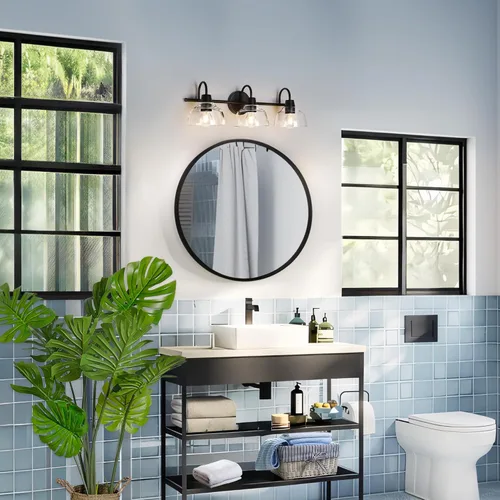Vista 6 de KSANA Lámpara de baño negra, lámpara de tocador de 3 luces con pantalla de cristal transparente de gran apertura, moderna lámpara de pared de granja