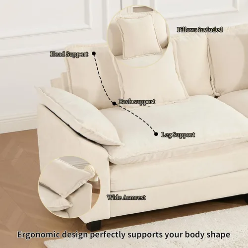 Vista 5 de Sofá seccional modular beige de 117.3", sofás seccionales grandes de 3 plazas para sala de estar, sofá nube oversized de tela chenille con otomana
