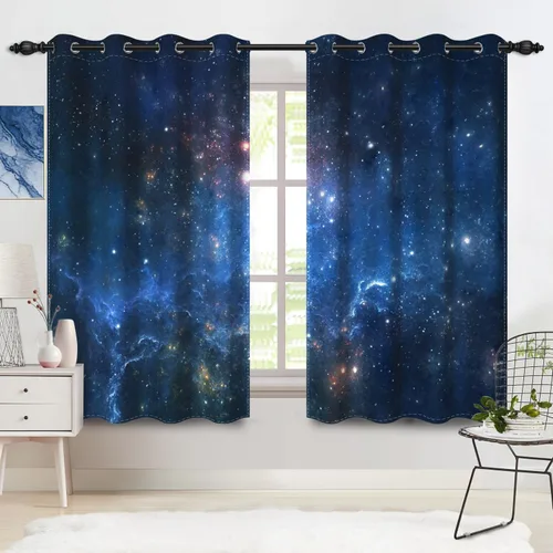 Vista 11 de Cortinas opacas de color azul marino para dormitorio de 84 pulgadas de largo con diseño de universo de dibujos animados, planeta, sala de estar