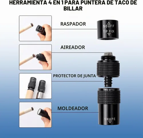 Vista 2 de GSE Billiard Pool Cue Tip Tool, Scuffer/Shaper/Aerator/Joint Protector Tool Herramienta 3 en 1 con protector de juntas 3/8-10