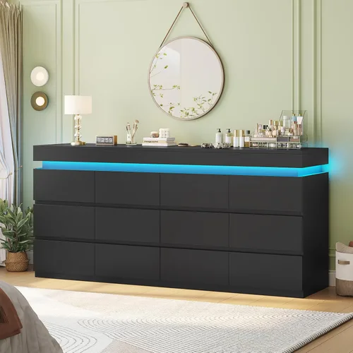 Vista 12 de HAUOMS Cómoda alta de 6 cajones con luz LED, cómoda moderna negra para dormitorio, armarios con cajones para sala de estar, entrada, pasillo
