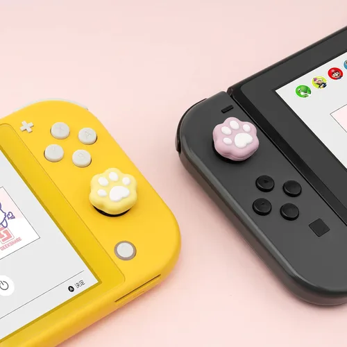 Vista 7 de GeekShare 4 tapas de agarre con forma de pata de gato, silicona suave, compatible con Nintendo SwitchOLEDSwitch Lite (amarillo y lila)