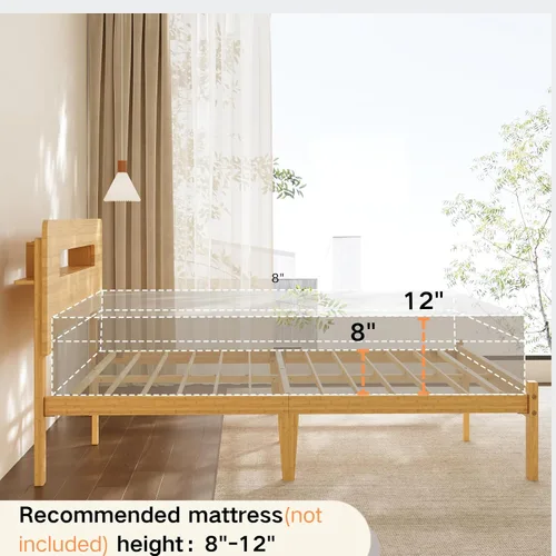 Vista 9 de Base de cama de tamaño matrimonial de 14 pulgadas de bambú con cabecera de almacenamiento, marcos de cama sólidos, soporte de listones de metal