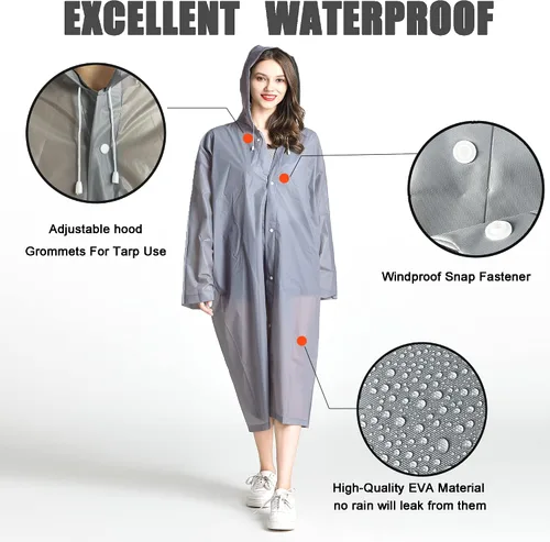 Vista 14 de Abrigos de lluvia (paquete de 2) – Ponchos de lluvia reutilizables de EVA para adultos, chaquetas impermeables para hombres y mujeres