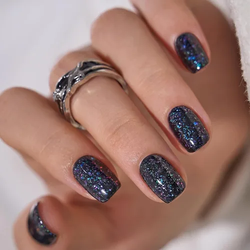 Vista 29 de CurvLife Uñas postizas cuadradas cortas a presión, terciopelo degradado Paris Script