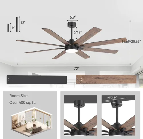Vista 8 de Ventiladores de techo de 72 pulgadas con control remoto de luces LED, 8 aspas industriales de doble color, ventilador de techo grande con motor