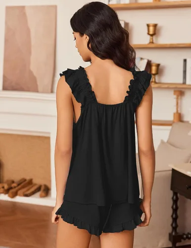 Vista 5 de Ekouaer Conjunto de pijama para mujer, conjunto de 2 piezas con volantes, camiseta sin mangas suave y pantalones cortos, conjunto de pijama de novia