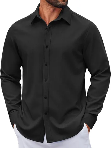 Vista 49 de COOFANDY Camisa de vestir casual de mezclilla con botones y manga larga para hombre