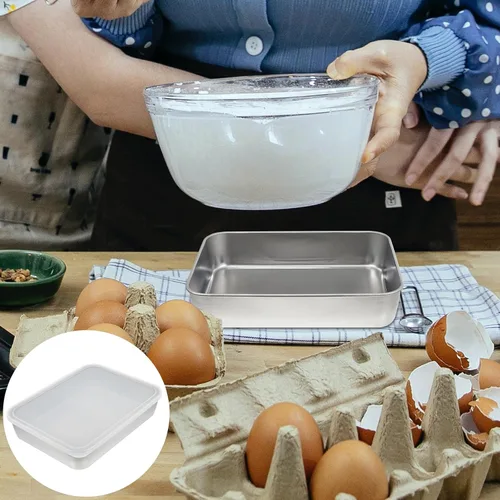Vista 6 de Sartén de acero inoxidable para hornear pasteles con tapa, sartén para barbacoa, bandeja rectangular, contenedor de almacenamiento para nevera, caja